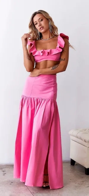 Hello Molly Dessert Menu Maxi Skirt Ruffle Crop Top Set Pink NEW NWT thumbnail 1