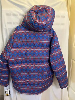 Blue and red geometric pattern puffer jacket with hood, size XL #winterjacket #geometric. #169 thumbnail 3