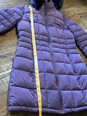 Long Quilted Purple Puffer Coat with Faux Fur Hood thumbnail 10