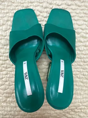 Zara Women’s Green Satin Strap Slides Square Front Chunky Block Acrylic Heel 39 thumbnail 4