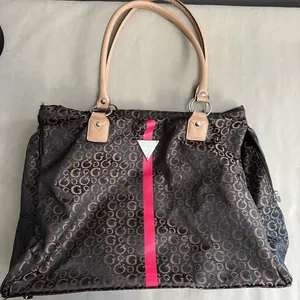 GUESS Monogram Large Tote Bag Brown & Pink Stripe Logo Purse thumbnail 1