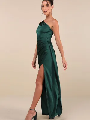 Lulus Signature Elegance Emerald Satin One-Shoulder Maxi Dress Size Large Formal thumbnail 4