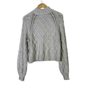 American Eagle Diamond Cable Pointelle Sweater Gray Mock Neck Balloon Size S thumbnail 5