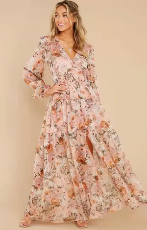 Orange Multicolor Boho Floral V-neck Long Sleeve Maxi Dress w/ Slit thumbnail 2