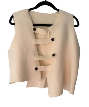 Cream Knit Sweater Vest Small Toggle Front Oversized Preppy Coastal Minimalist thumbnail 1