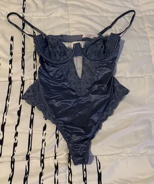 Victorias Secret Elegant Lace Trimmed Blue Bodysuit thumbnail 1