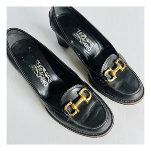 FERRAGAMO Sz 6.5 Black Leather Buckle Heeled Slip On Loafer Round Toe Shoes thumbnail 1