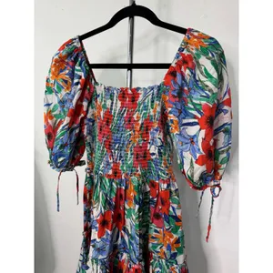 Cara Cara Floral Mini Dress Multi Smocked Puff Sleeve Tiered Cotton M thumbnail 4