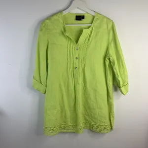 Rafaella Size S Linen Tunic Top Shirt Roll Tab Sleeve Neon Green Button Front thumbnail 4