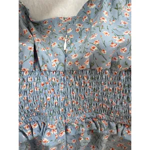 Light Blue Floral Smocked Mini Dress Ruffle Sleeve Women Small H2F367‎ thumbnail 6