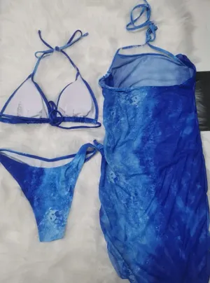 3 Pieces Tie Dye Bikini Sets, Halter Neck High Cut With Cover Up Dress Slight Stretch Swimsuit Size XL thumbnail 3