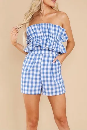 EUC Entro Blue White Gingham Shorts Romper Small thumbnail 1