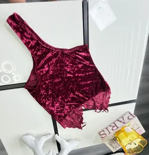 Bozzolo Burgundy Crushed Velvet Lace-Trim Bodysuit (Size L) ✨ thumbnail 4