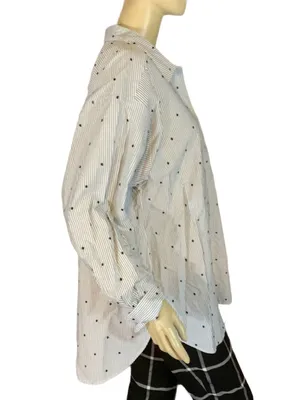 Loft Gray, Black & White Stripes & Polka-Dot Cotton Button Down Top (L) thumbnail 4