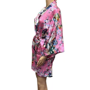 Pink Geisha Lotus Floral Satin Pocket Kimono Robe Tie Belt One Size Fits Most thumbnail 4