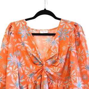 Pink Lily Morning Mimosas Mini Dress Orange‎ Floral Tiered Boho Women Medium thumbnail 3