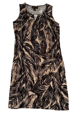 Dana Buchman Womens Brown Tan Tropical Leaf Keyhole‎ Sleeveless Shift Dress S thumbnail 1