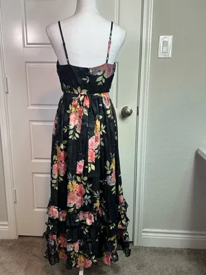 Lulus Elegant Radiance Classic Black Floral Print Ruffled Bustier Midi Dress M thumbnail 6