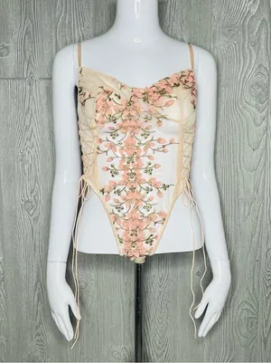 Women’s sheer panel floral embroidered appliqué pink lingerie sleepwear large thumbnail 3