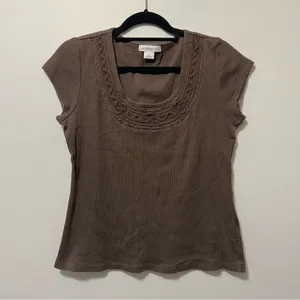 Liz Claiborne Chocolate Brown Y2K Style Ribbed Cotton Top Size L thumbnail 2