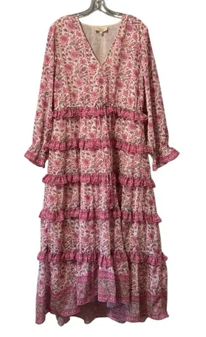 Love The Label‎ Women Size Large Dress Tiered Ruffles Lined Tied Pink Peasant thumbnail 1