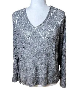 NWT VERTE Boutique Open Weave Crochet Grey Knit Sweater - S/M thumbnail 1