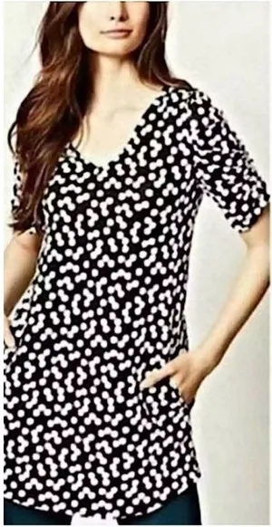 Deletta Anthropologie Polka Dot Textured Tunic Dress Black‎ White Puff Sleeve S thumbnail 1