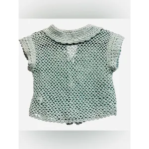 Free People Lily Crochet Cropped Spread Collar Button Down Top Aqua‎ Blue XS thumbnail 5