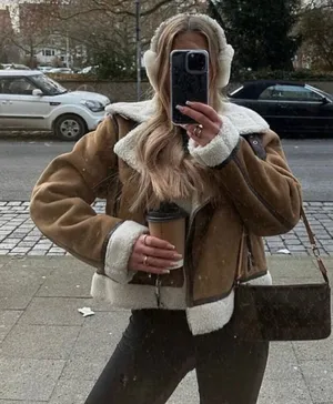 Zara Double Faced Fleece Structured Moto Jacket Sheepskin Chestnut Tan Aviator S thumbnail 1