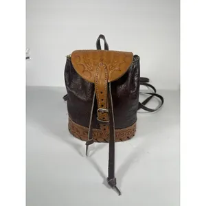 Brown/Tan Floral Tooled Embossed Mini Backpack Drawstring Flap Buckle Silver thumbnail 2