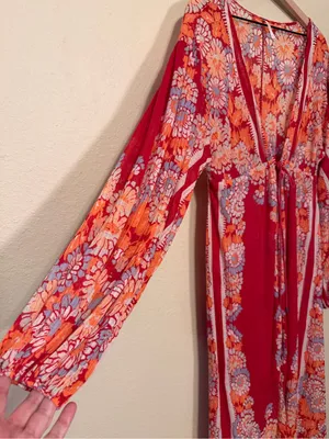 Free People Dream Girl Maxi Open Top Retro Red Lightweight Robe Size Size Medium thumbnail 6