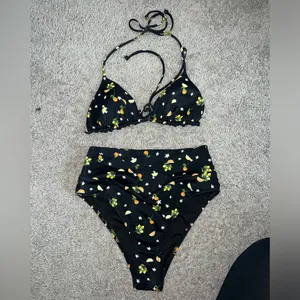 PINK bikini swimsuit size small orange lemon print high waist string top thumbnail 7