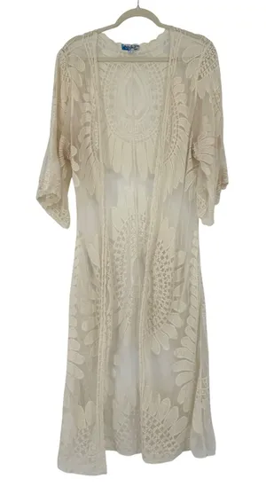 Womens Cream Lace Sheer Long Kimono Cardigan Boho‎ Duster Beachy Size L thumbnail 1