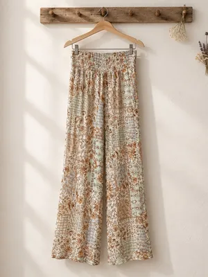 Pink Rose Beige Floral Patchwork Wide-Leg Pants thumbnail 3