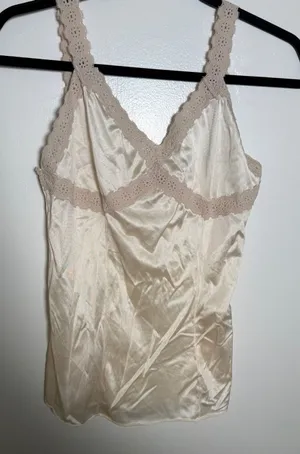 Source Unknown Vintage Silky Lace-Trim Cami Tank - Cream Small Bombshell Hollywood Glamour thumbnail 1