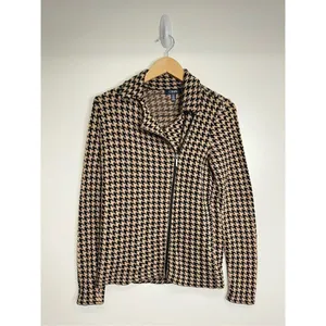 Chaps Houndstooth Knit Moto Jacket Tan Black Asymmetrical Zip Sweater Size Small thumbnail 2