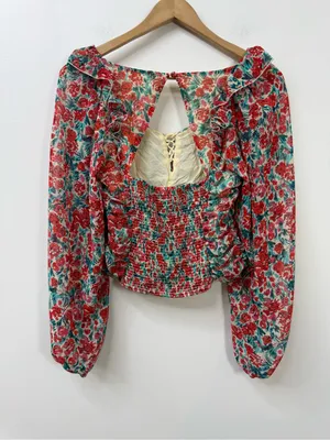Free People Red Floral Square-Neck Ruffle Blouse size XS thumbnail 4