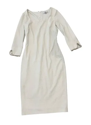 Belle Badgley Mischka White Jacquard Sheath Dress Chain Trim Scallop Cuff Size 2 thumbnail 1