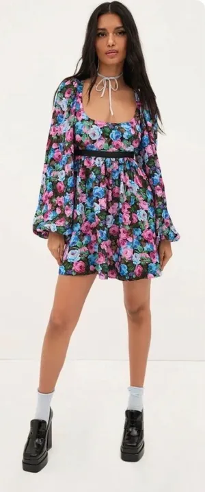 For Love & Lemons Maggie Mini Dress in the "Midnight Rose" (black, purple, and blue floral) colorway thumbnail 1
