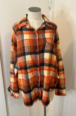 Billabong Orange and Brown Flannel Plaid Button-Down Shirt Sz L NWT thumbnail 1
