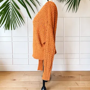 Free People Orange Open Knit Slouchy V-Neck Sweater Boho Oversized (READ) thumbnail 7