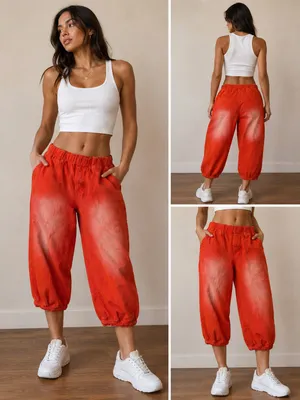 SHEIN Womens Orange Faded Barrel Leg Pants Elastic Waist Cotton Streetwear Sz 28 thumbnail 2