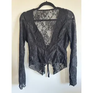 Black Lace Tie Front Crop Top M Sheer Y2K Goth Fairy Grunge‎ Long Sleeve Stretch thumbnail 2