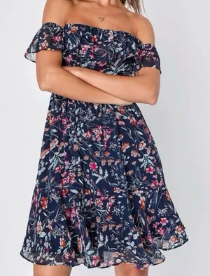 NWT Lulus My Favorite Navy Blue Floral Print Off the Shoulder‎ Dress Size MEDIUM thumbnail 1