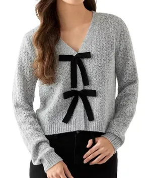 Oak‎ & Trellis Front Bow Tie Sweater XL Gray Coquette Balletcore Pointelle Soft thumbnail 1
