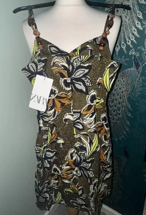 Zara Printed Mini Dress With Cut-Out Detail Tropical Brown Yellow S Small 8 4 36 thumbnail 10