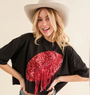 $60 NWOT Blue B. Black & Red Sequin Fringe Football Cropped T-Shirt L thumbnail 1