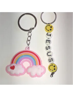 Rainbow and Smiley Jesus Boho Keychain Set Pink thumbnail 2