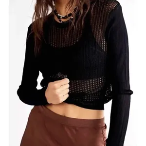 Free People H2O Crew Pullover M Black Sheer Open Knit Mesh Sweater NWT thumbnail 2