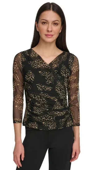 NWT DKNY 3/4-Sleeve Printed Mesh V-Neck Top P33HVRIS XS Black Pecan Brown thumbnail 1